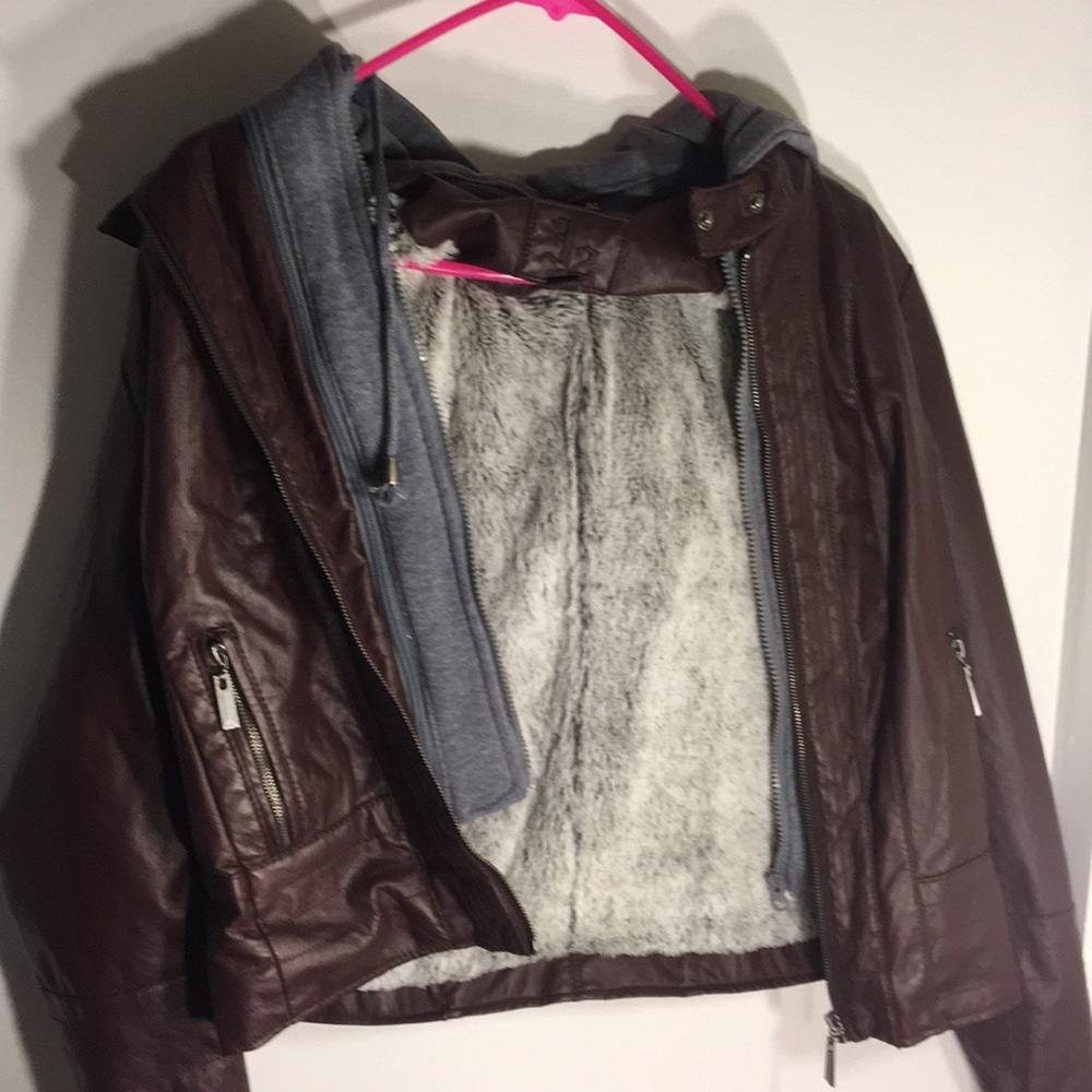 Brown faux leather jacket with fur inside